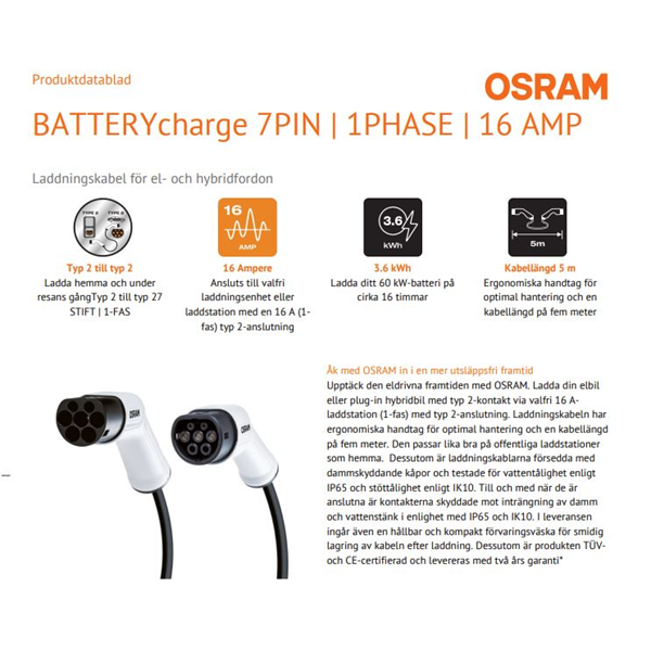 Ladekabel Osram elbil Typ 2 16A, Fas-1, Universal