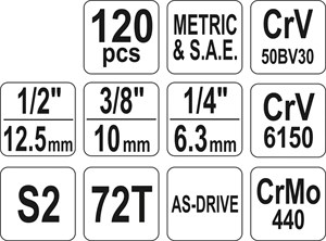 Pipen&#248;kkelsett 120pcs 1/4&quot;, 3/8&quot; &amp; 1/2&quot;, Universal